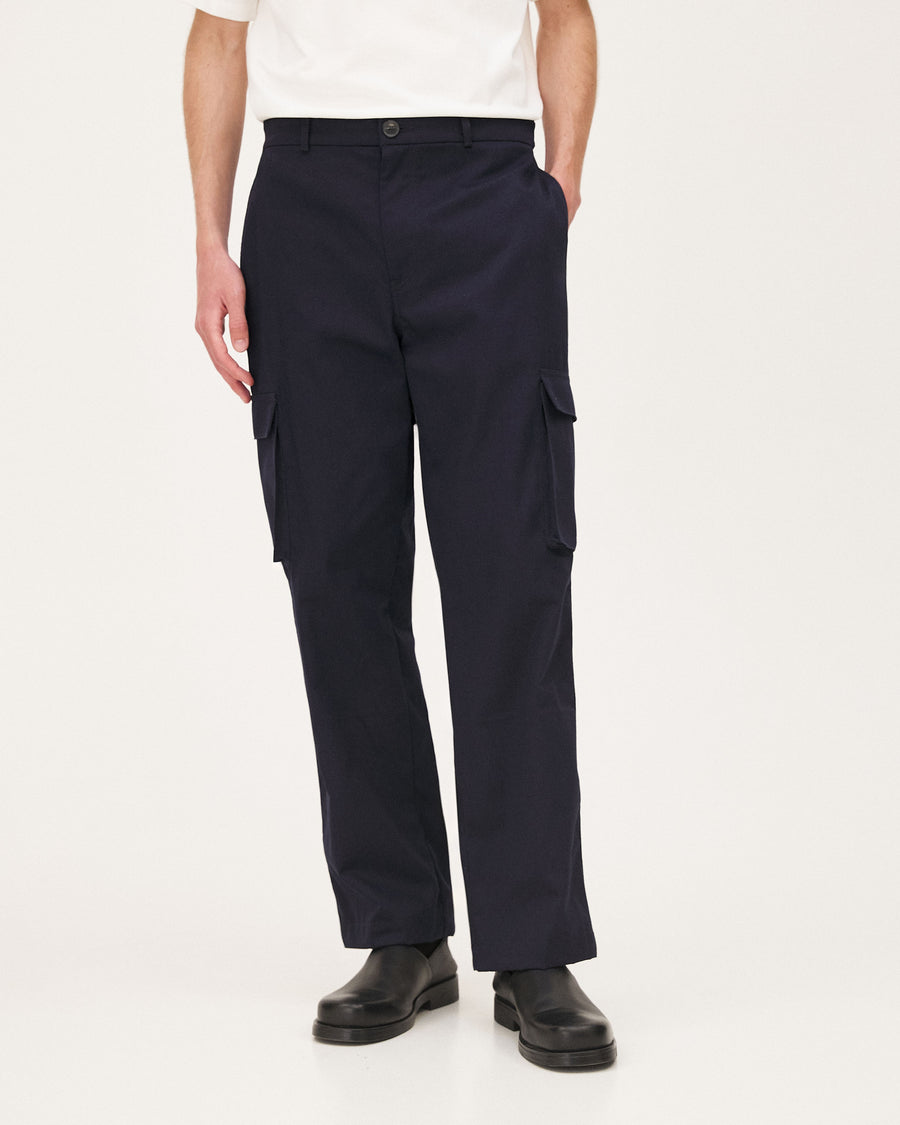 Cargo Navy pants, SS26 studio detail view