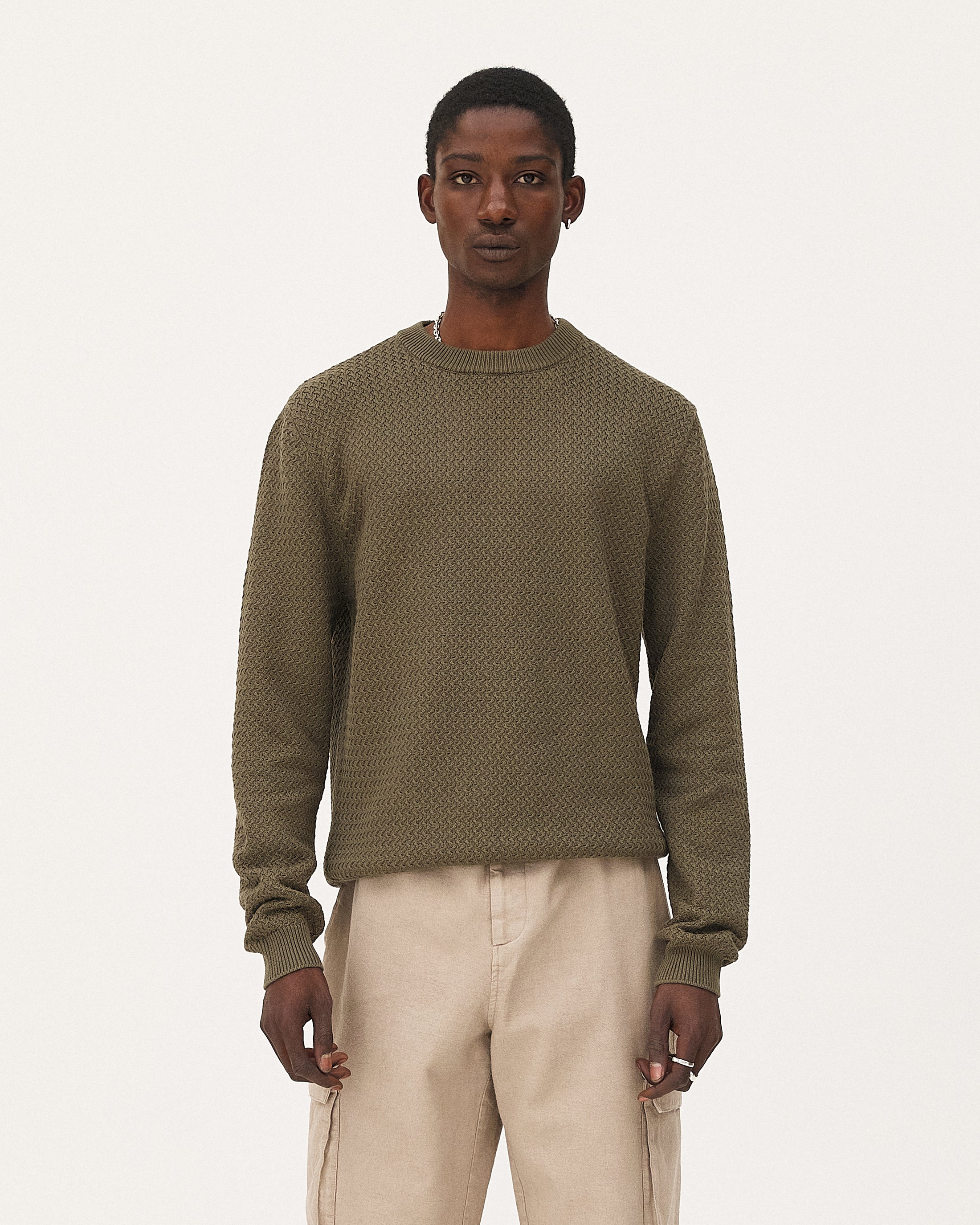 Roma Khaki, pull en coton biologique NOYOCO, homme ss26 studio
