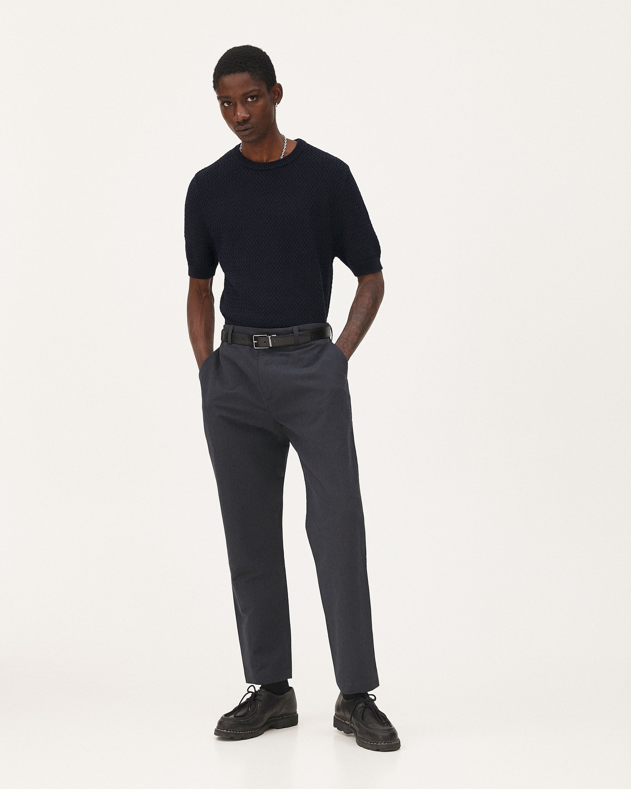 Detroit Dark blue, pantalon en coton biologique et lin NOYOCO, homme ss26 studio