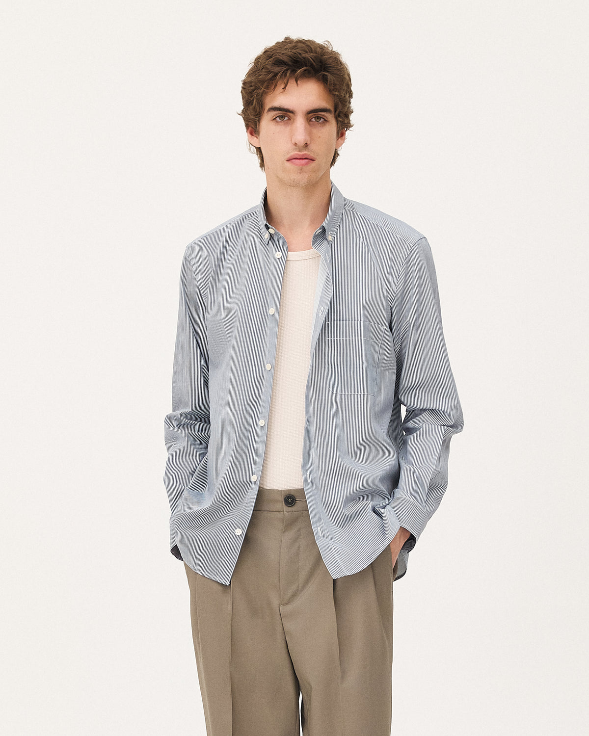 Curtis Blue Lake Stripes shirt, SS26 menswear studio look