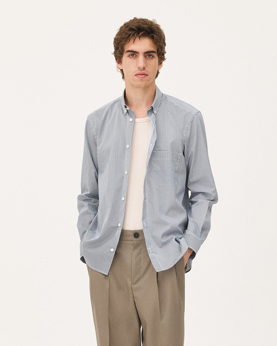Curtis Blue Lake Stripes shirt, SS26 menswear studio look