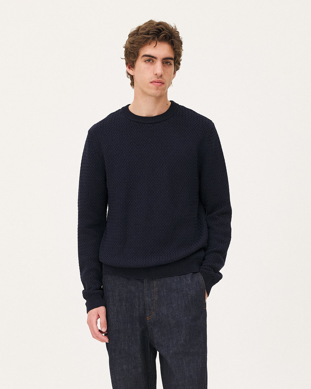 Roma Navy, pull en coton biologique NOYOCO, homme ss26 studio