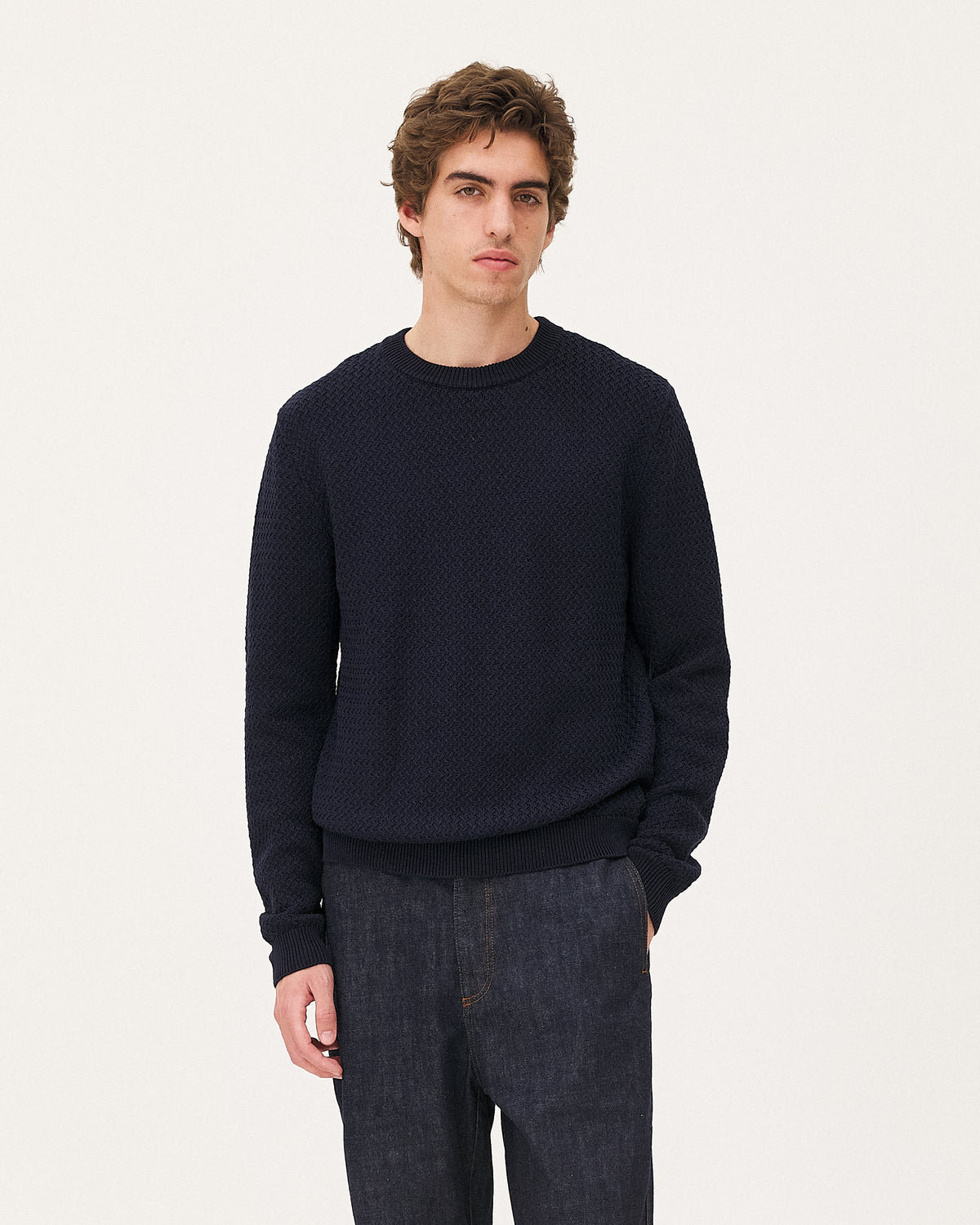 Roma Navy, pull en coton biologique NOYOCO, homme ss26 studio