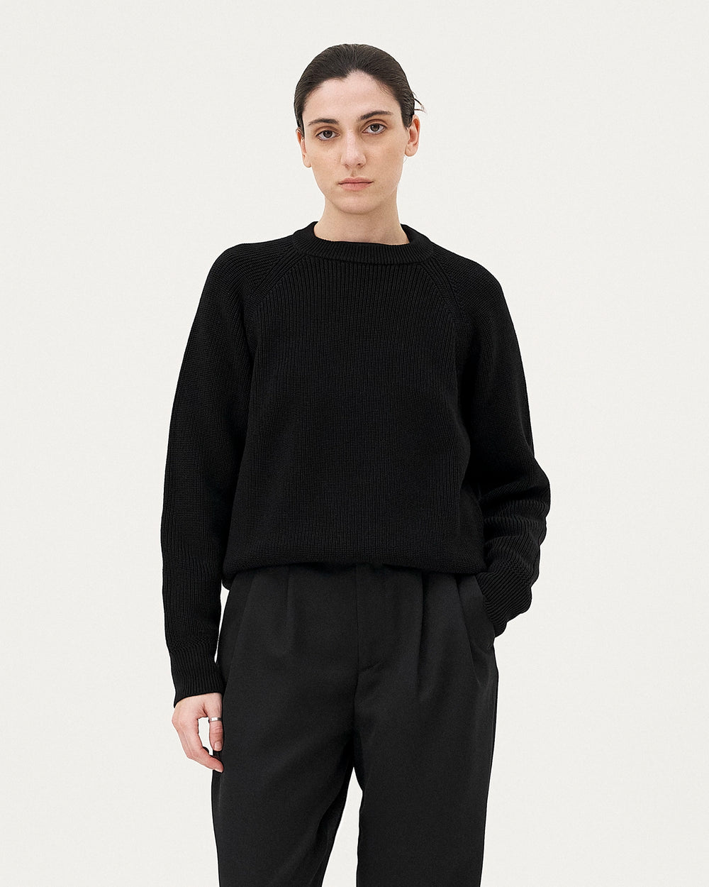 Oslo Black, pull en laine mérinos et coton biologique NOYOCO, femme aw25
