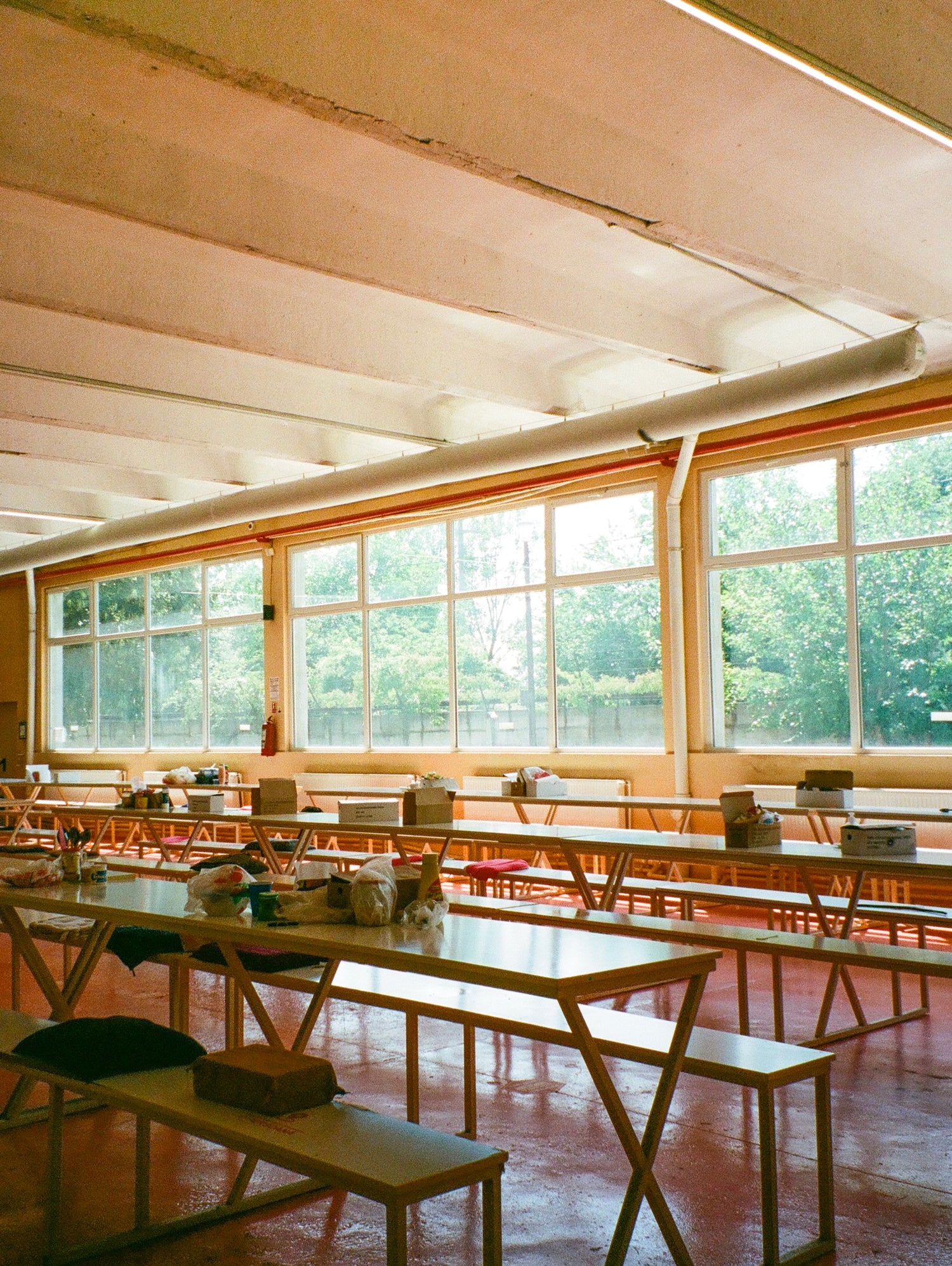 salle de travail d'une usine de tissu en Roumanie orange avec une fenêtre donnant une sur foret verdoyante