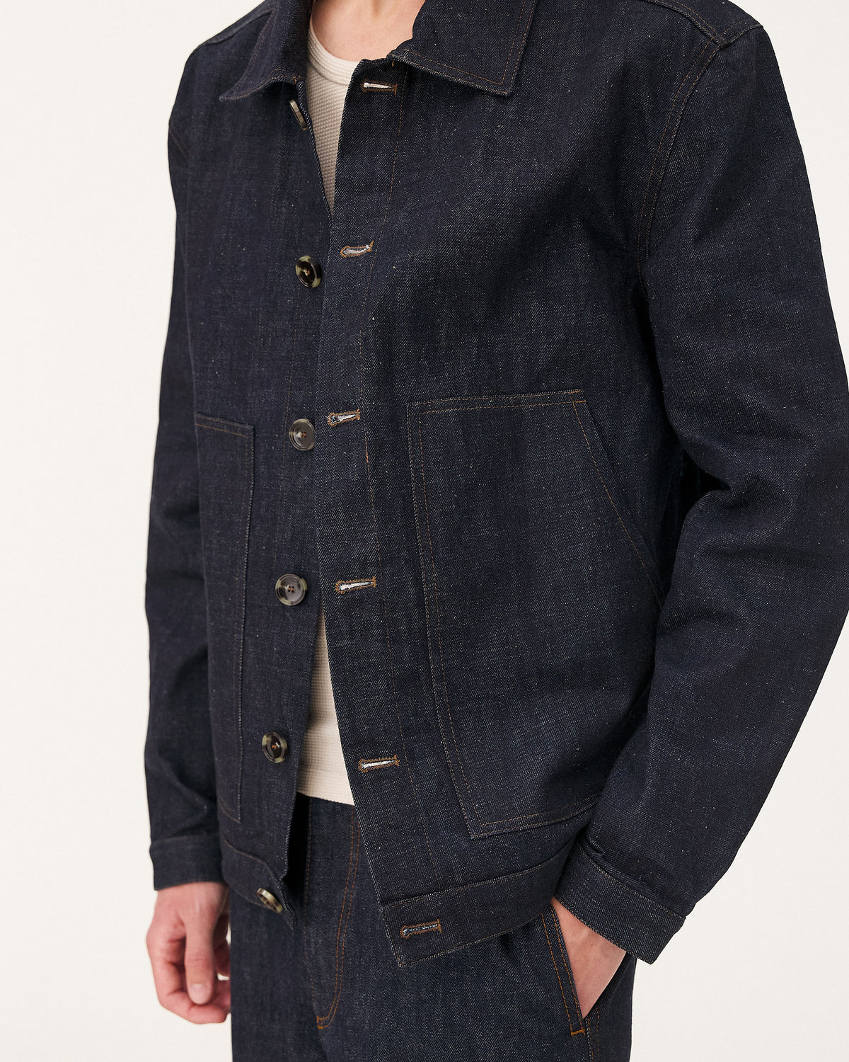 Arizona Indigo jacket, SS26 studio detail view
