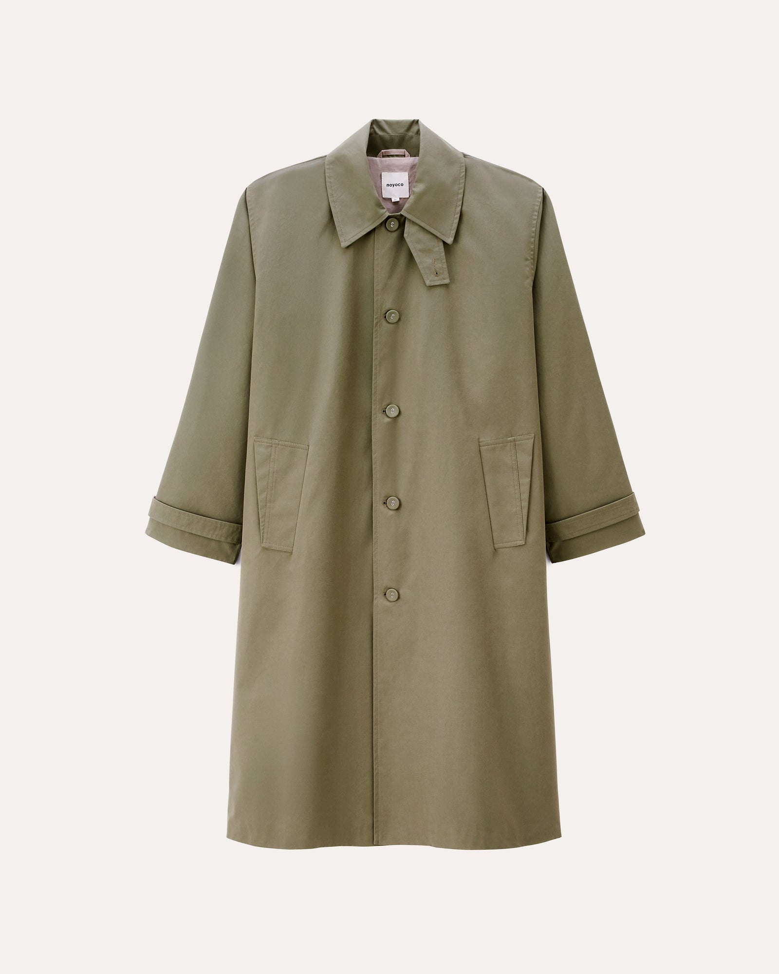 Osby Green, manteau en coton biologique NOYOCO, packshot AW25 studio