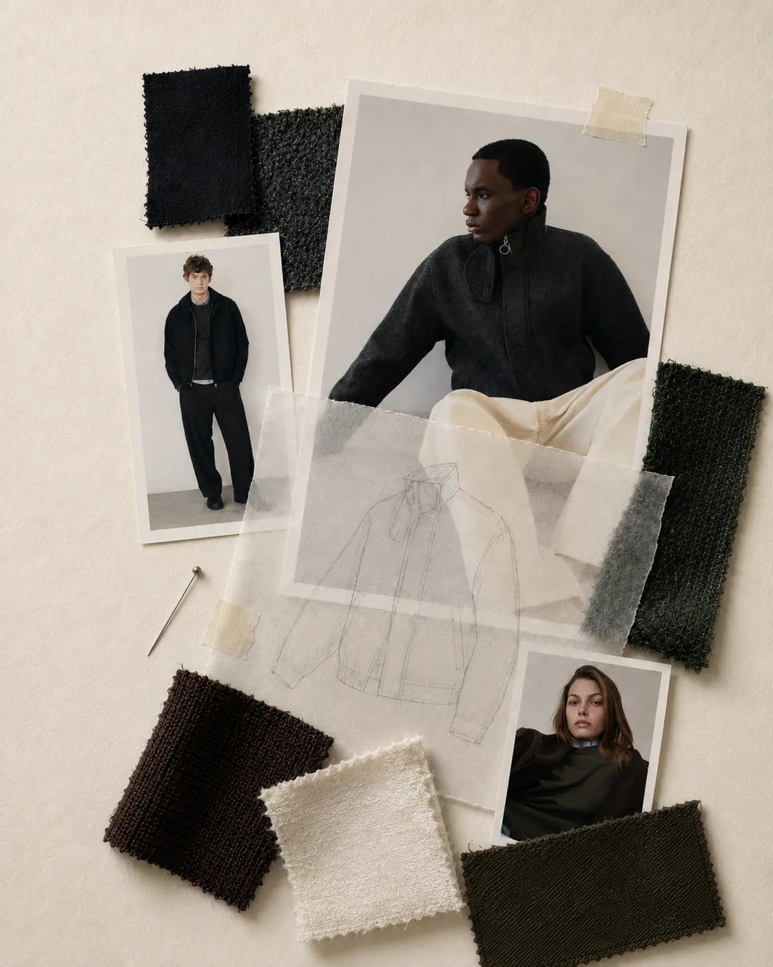 Moodboard du studio NOYOCO avec silhouettes, matières et croquis de collection